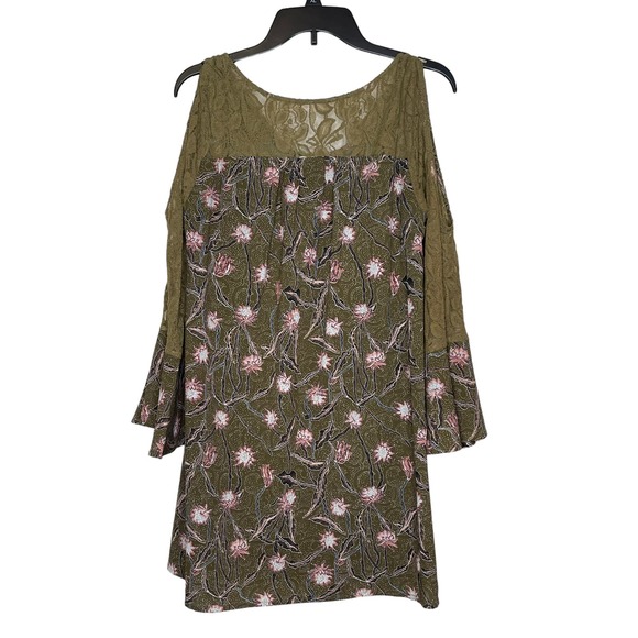 Entro Women's Top Floral Sheer Lace Cold Shoulder Flare Sleeves Green/Pink Small - Picture 1 of 12